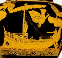 Ο Οδυσσέας δεμένος στο κατάρτι. Οι Σειρήνες αποτυγχάνουν  να τον πλανέψουν και πέφτουν στη Θάλασσα  (British Museum, Λονδίνο)
